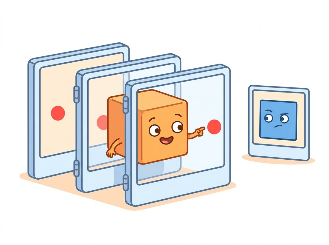 A cartoon cube character sliding through three stacked transparent video frames at once, spotting a bright dot that shifts rightward across the frames, while a flat 2D square character confined to a single frame looks on, illustrating how a 3D convolution kernel sees motion that a 2D kernel cannot.