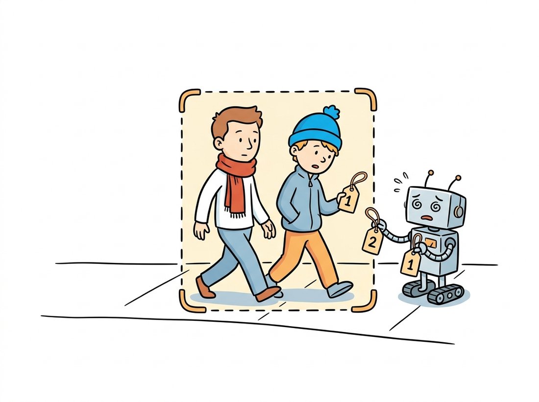 Two cartoon pedestrians crossing paths with overlapping tracking boxes while a flustered tracker robot accidentally swaps their numbered identity tags, illustrating the dreaded ID switch that happens when motion prediction alone cannot tell two crossing objects apart and which a learned appearance embedding fixes.