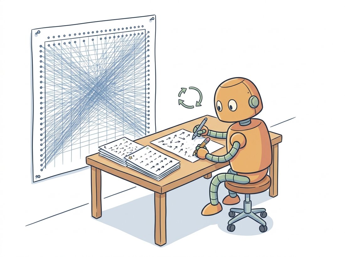A cartoon robot repeatedly redrawing a field of motion arrows while consulting a giant all-pairs lookup table on the wall, with a loop arrow and a stack of progressively sharper arrow maps, illustrating how RAFT encodes features, correlates every pixel pair, and iteratively refines the flow estimate.