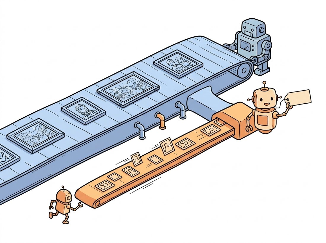 Two parallel cartoon conveyor pathways merging: a wide slow lane carrying a few large detailed frames pulled by a heavy robot for appearance, and a thin fast lane carrying many small frames pulled by a tiny nimble robot for motion, with connectors feeding the fast lane into the slow one, illustrating the SlowFast spatial-versus-temporal budget split.