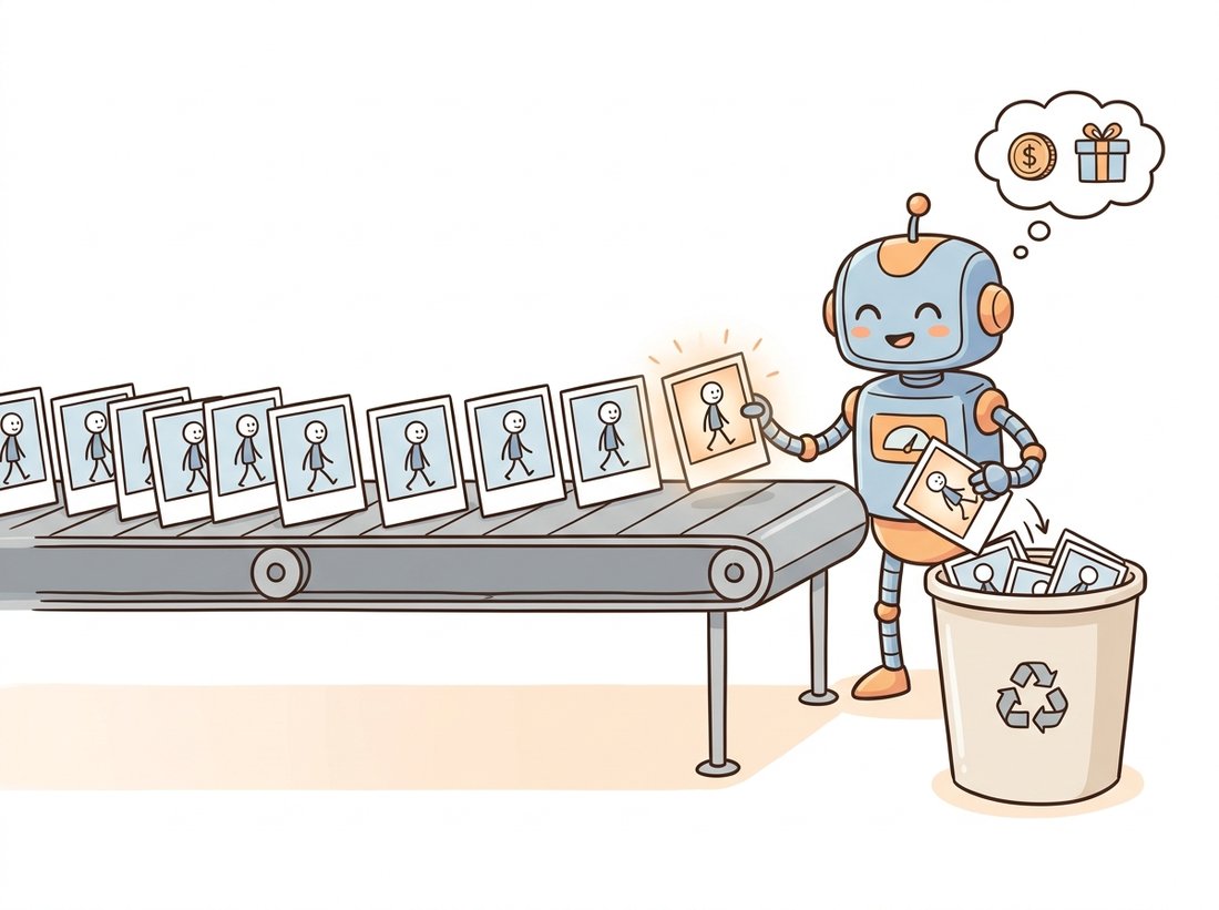 A robot beside a conveyor belt of nearly identical video frames, keeping only a few glowing frames and recycling the rest, with a thought bubble showing a coin and a gift box, illustrating that temporal redundancy is both a tax you pay and a gift that lets you sample sparsely.