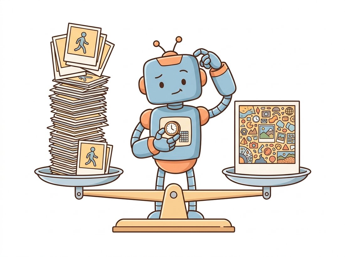 A cartoon robot at a balance scale weighing a tall stack of many nearly identical video frames against a single detailed image frame, holding a coin marked with a clock and a grid, deciding where to spend its limited compute budget between the time axis and the space axis.
