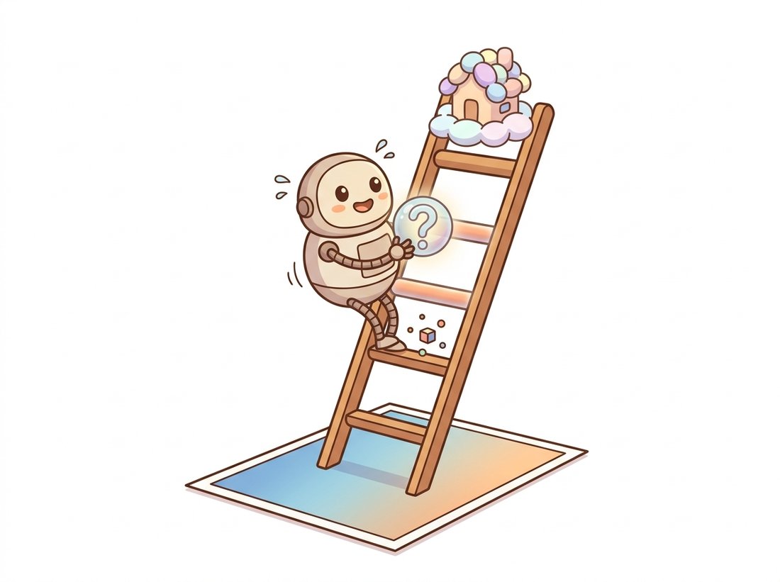 A cheerful cartoon robot climbs a four-rung ladder rising out of a flat photograph, each rung holding a richer 3D form: a depth-gradient plane, a cluster of dots and a cube, a glowing translucent sphere, and a cloud of blobs forming a house, illustrating the chapter's progression from a flat depth map to explicit structures to implicit neural fields to Gaussian splats.