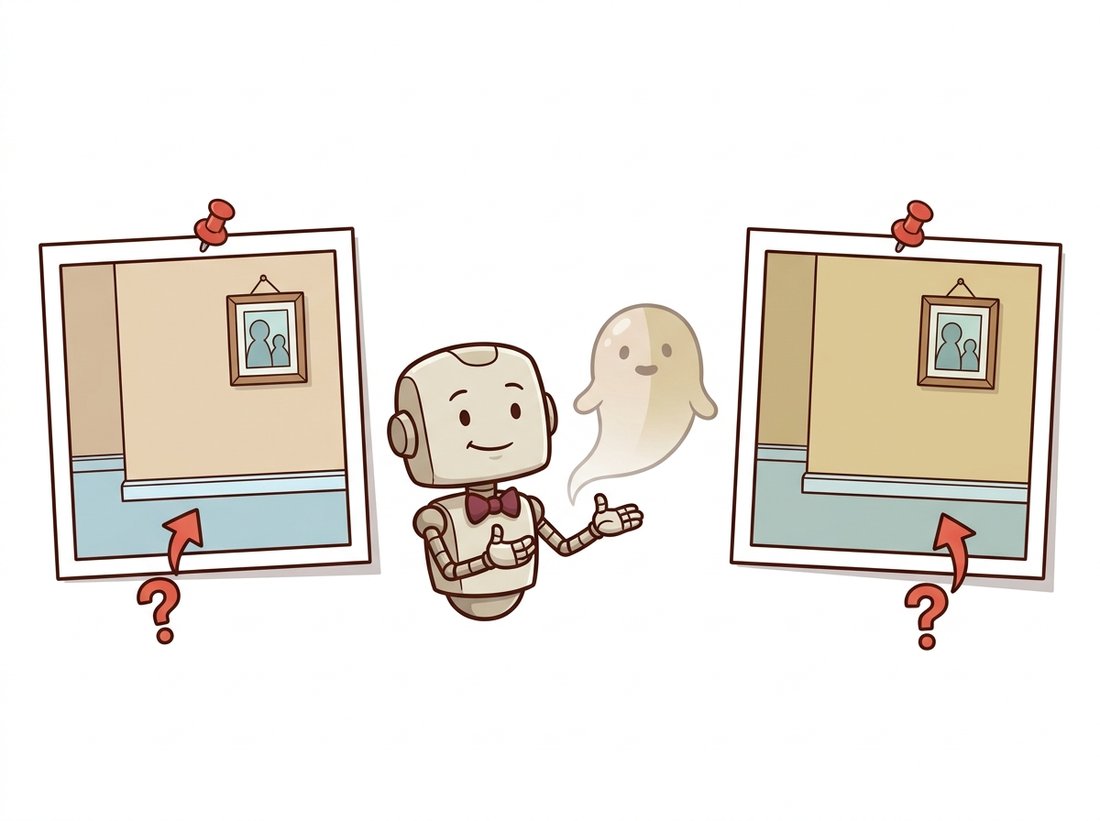 Two slightly different-colored photos of the same wall flank a calm bow-tied optimizer robot that conjures a faint semi-transparent floating ghost blob looking correct from each photo, illustrating how NeRF and splatting invent floater geometry when captures disagree because the photometric loss faithfully fits inconsistent data.