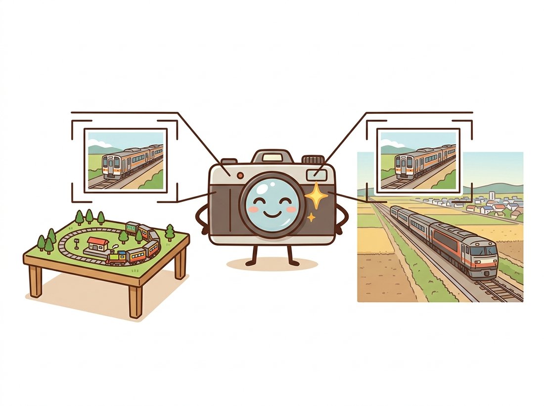 A one-eyed cartoon camera photographs a tiny model train set and a real full-size railway, and both produce an identical framed image, illustrating the depth-scale ambiguity that makes a single image unable to recover absolute scale, the trick behind miniature special effects.