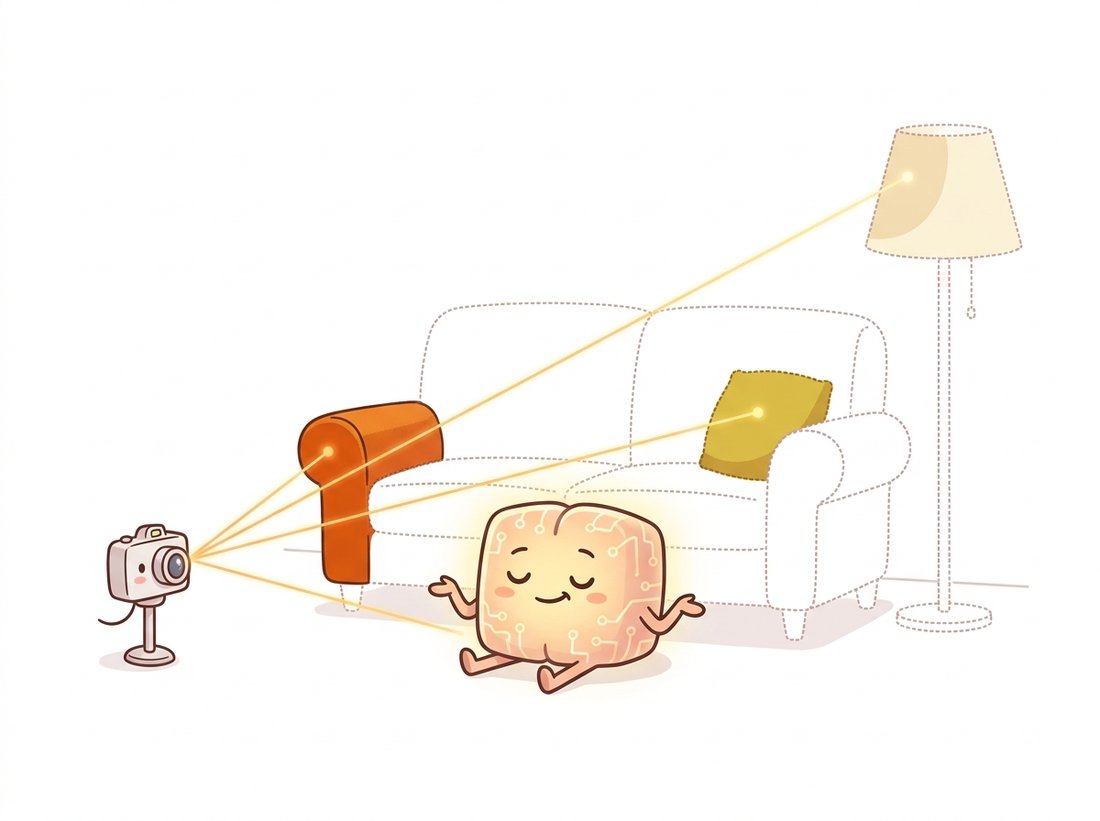 A small smug neural-network character sits in a room whose sofa and lamp are faint dotted outlines, solid in color only where thin glowing camera rays strike them, illustrating that a NeRF stores the scene implicitly in its weights and reveals geometry only when queried along a ray.