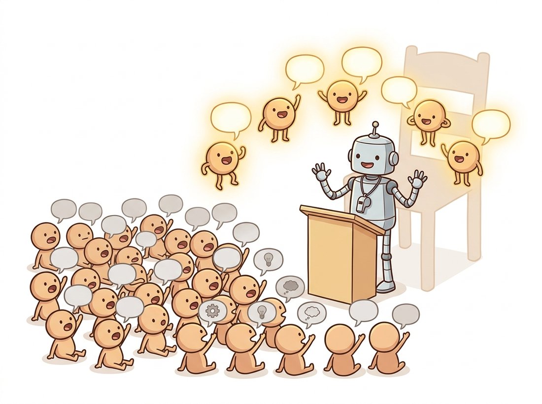 A robot moderator at a podium keeps only the single loudest shouting point-character for each topic while dimming the rest, and the chosen loud characters faintly outline a chair, illustrating how PointNet's symmetric max-pool selects a sparse set of critical points to give an order-independent global descriptor.