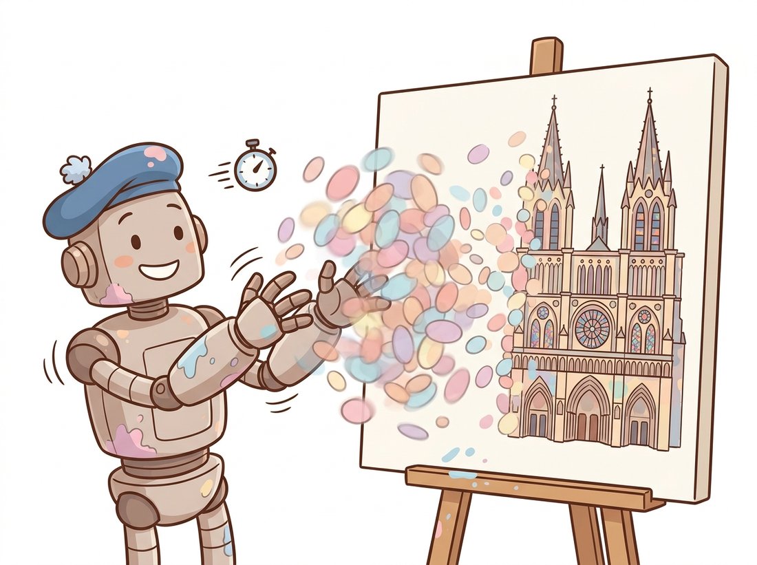 A robot painter in a beret flings handfuls of soft translucent colored ellipsoid blobs at a canvas, where up close they look like a fuzzy cloud of overlapping ovals but resolve into a crisp cathedral toward the far side, illustrating how 3D Gaussian splatting blends millions of anisotropic blobs into a photorealistic real-time image.