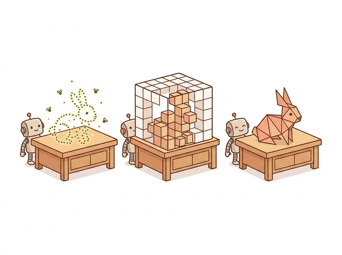 Three workbench stations each build the same rabbit a different way: a swarm of glowing dots as a point cloud, stacked cubes inside a mostly-empty cube frame as a voxel grid, and folded triangular panels as a mesh, illustrating the three explicit 3D representations and their differing memory and surface trade-offs.