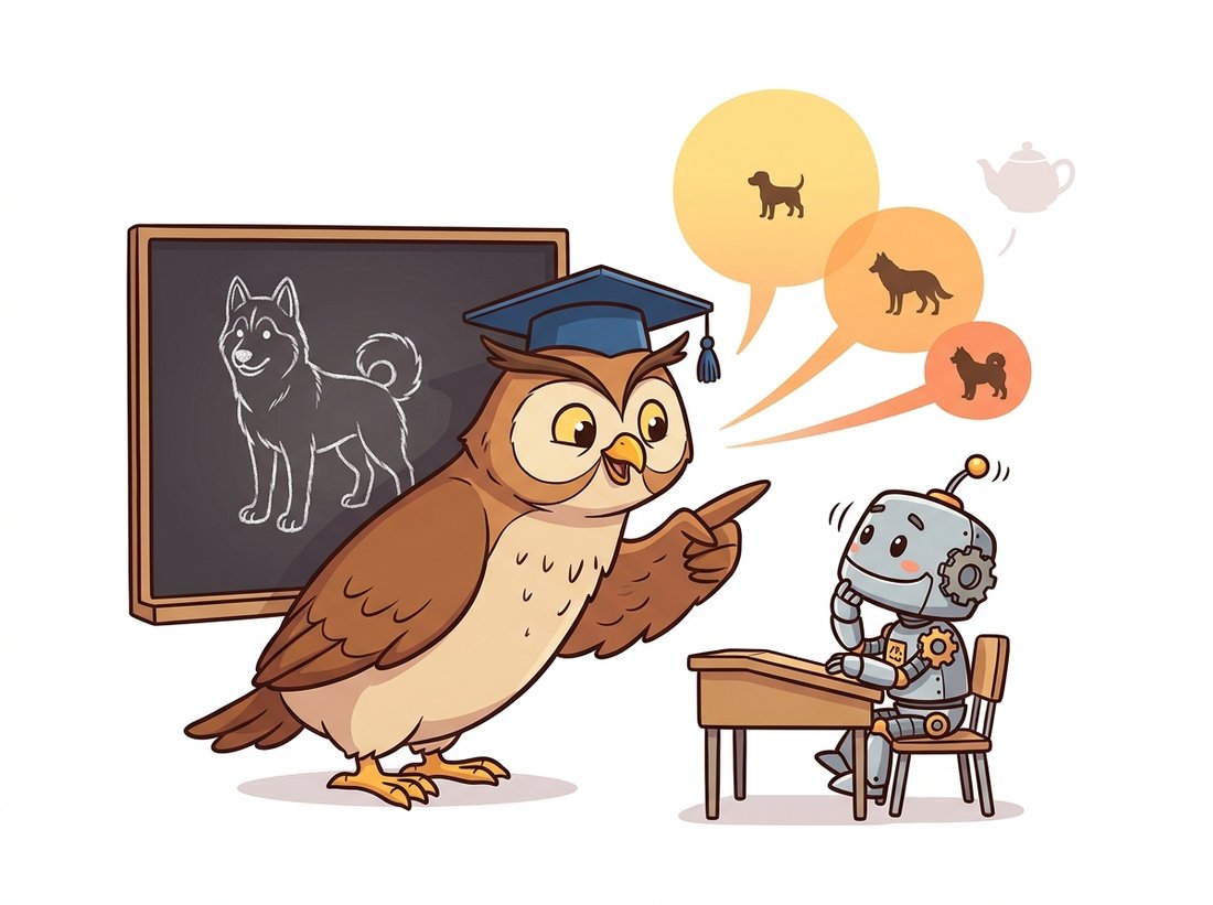 A wise owl teacher whispers a husky picture's full ranking of plausible answers (dog, wolf, malamute, faintly teapot) to a small eager student robot, illustrating how distillation transfers the teacher's soft probability distribution rather than just the single correct label.