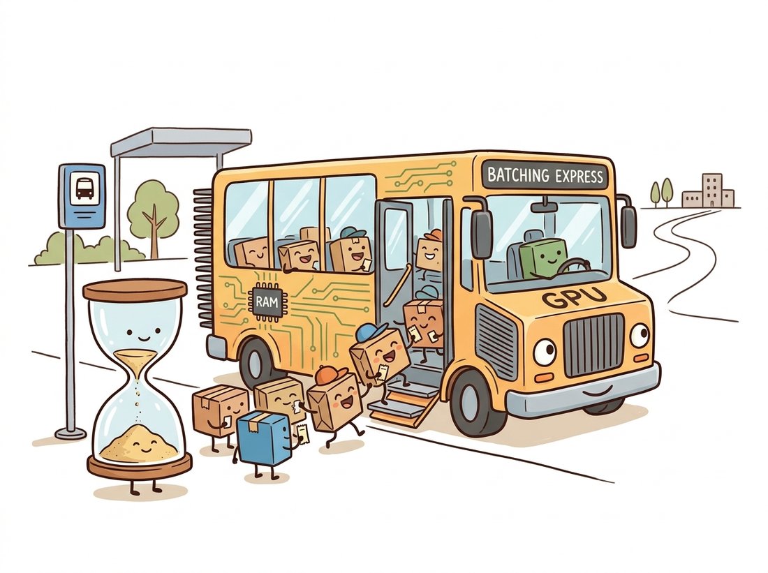 A roomy bus driven by a friendly GPU character waits a few seconds at a stop, shown by a small hourglass, so several little parcel-passenger requests board together rather than the bus making wasteful single-passenger trips, illustrating dynamic batching trading a little latency for much higher throughput.
