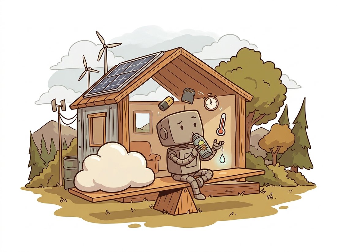 A thrifty robot in a solar-powered cabin balances a see-saw between a fluffy accuracy cloud and four small weights shaped like a battery, memory chip, stopwatch, and thermometer, while sipping precious battery energy, illustrating the edge budget of accuracy traded against power, memory, latency, and thermal headroom.