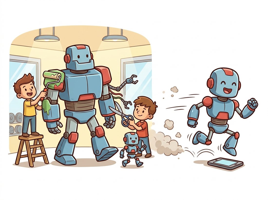 A bulky friendly robot at a makeover gym where three helpers round its edges, snip off extra arms, and a tiny apprentice mimics it, leaving a smaller faster robot that fits on a phone, depicting quantization, pruning, and distillation shrinking a vision model.