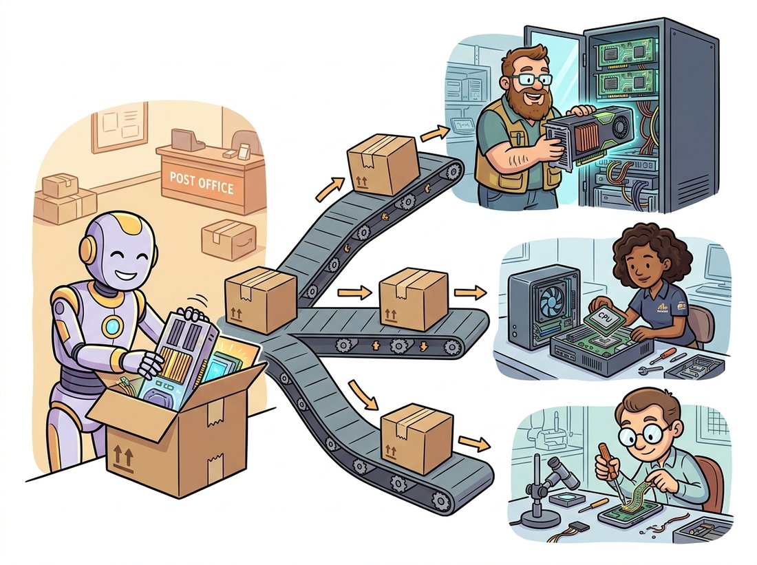 A robot model packs into one neutral shipping crate that travels forking conveyor belts to three workshops, each craftsman tailoring it for a GPU tower, a CPU box, or a mobile gadget, illustrating exporting once to ONNX then compiling per hardware target with TensorRT, OpenVINO, and mobile runtimes.