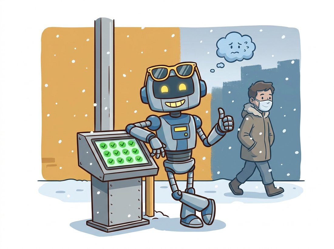 A robot in summer sunglasses confidently gives a thumbs-up beside an all-green dashboard, oblivious that behind it the wall was repainted, snow fell, and a passerby now wears a mask, illustrating silent accuracy decay where a deployed model stays confident while the world drifts and no metric raises an alarm.