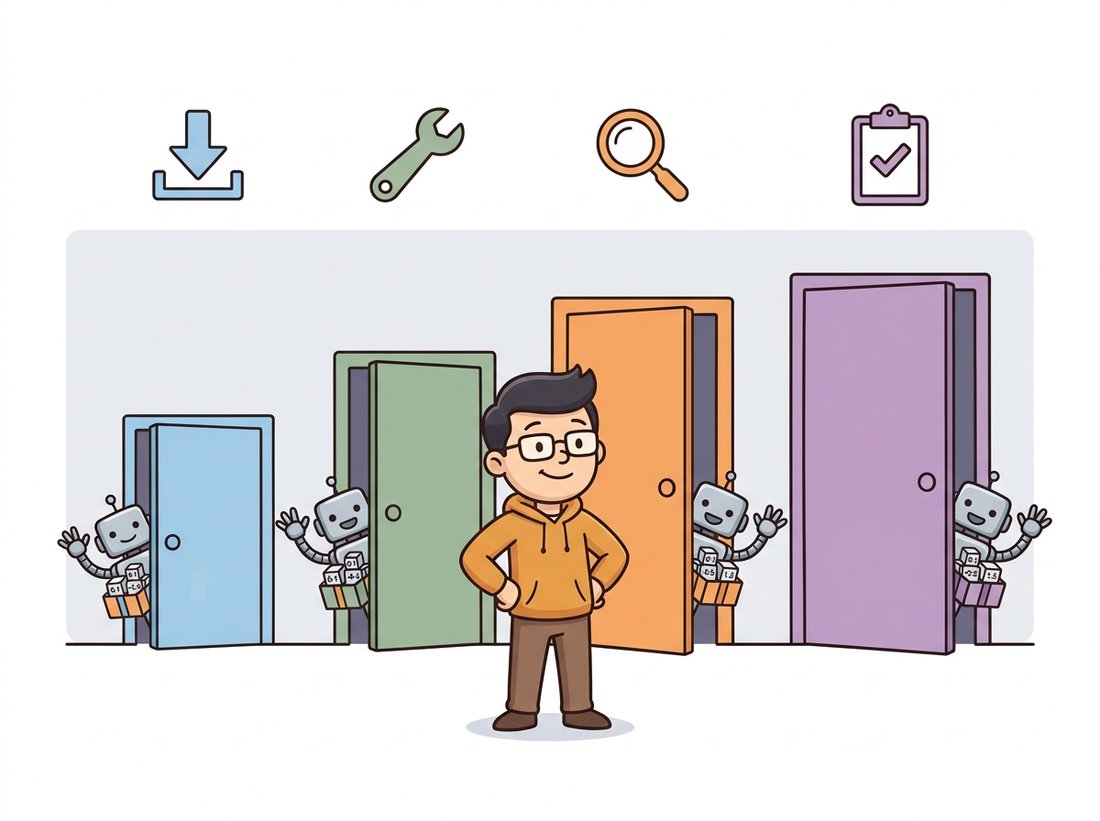 A cheerful developer choosing among four differently colored and sized doorways in one wall, each with a small robot holding a box of pretrained weights peeking out, while download, wrench, magnifying-glass, and clipboard icons float above to suggest the download, adapt, audit, and track workflow of the deep vision stack.
