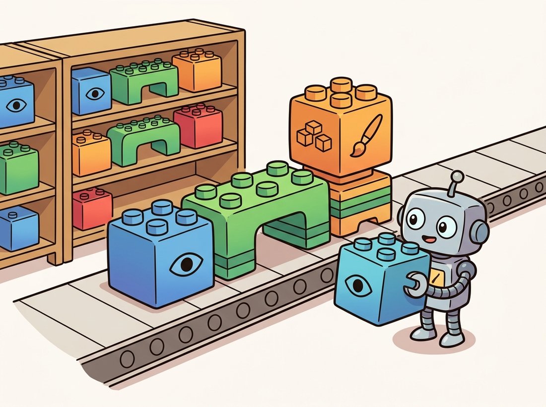 A modular assembly line building a detector from three snap-together modules, a backbone cube, a multi-scale neck connector, and a box-and-mask head, while a robot mechanic swaps one backbone module for another from shelves of interchangeable parts, illustrating the config-driven registry of Detectron2 and MMDetection.