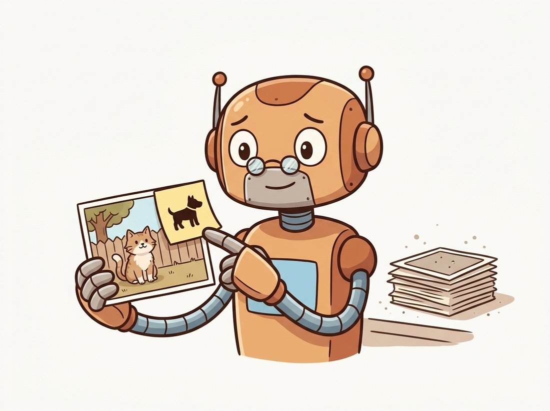 A polite robot in reading glasses holds up a photo of a cat behind a fence and gently points out that its label, shown as a dog-silhouette sticky note, is wrong, while a dusty stack of unexamined images sits nearby, illustrating that a confident model disagreeing with a label is often catching a label error.