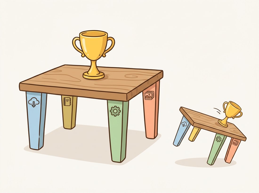 A four-legged table balancing a trophy-like result, each leg a different color topped with an icon for model, config, data, and run, beside a tilting version of the same table dropping its trophy when one leg is removed, illustrating that a reproducible deep vision result needs all four records together.