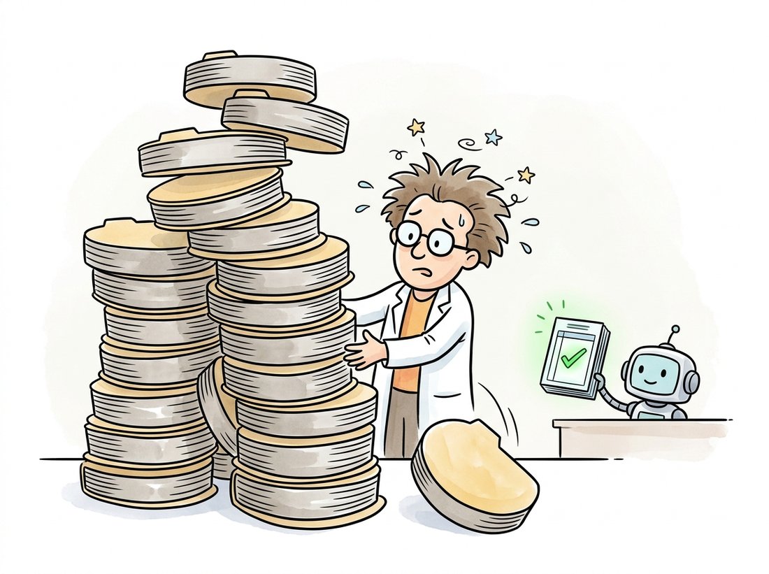 A frazzled researcher buried under a tower of identical-looking save folders, unable to tell which run was the good one, while a calm tracker robot beside them holds a single neat ledger with a checkmark, illustrating how skipping experiment tracking turns a project into an unrecoverable pile of cryptically duplicated checkpoints.
