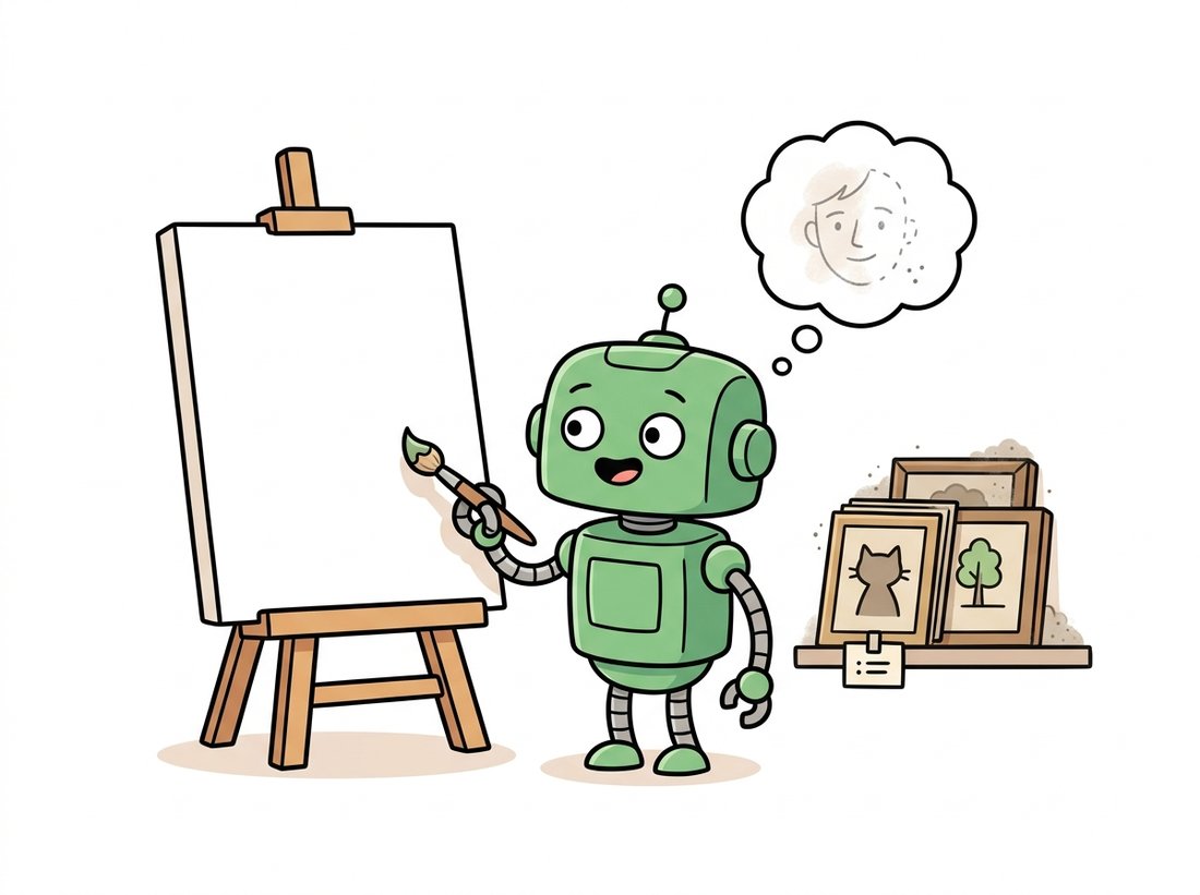 A friendly robot that once labeled existing photos now stands before a blank canvas with a paintbrush, dreaming up a face that does not exist, while a dusty stack of old labeled photos sits aside, depicting the chapter's hinge from learning p of y given x to learning p of x itself.