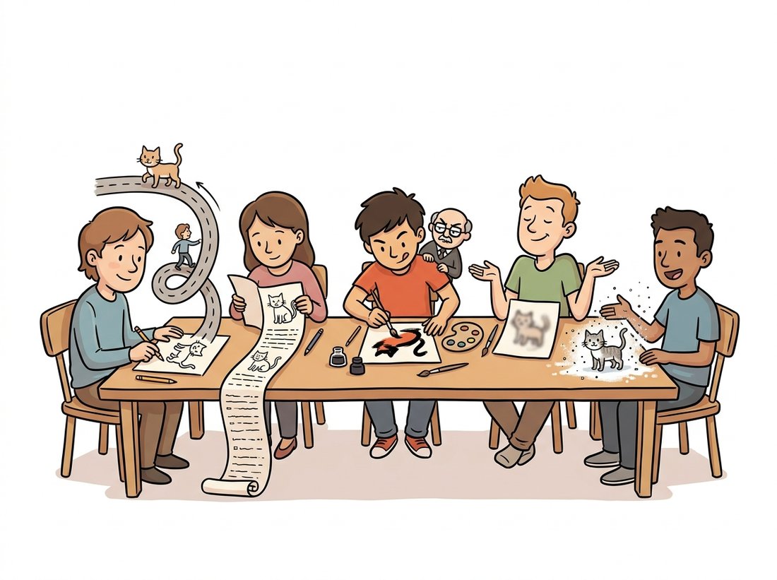 Five friendly cartoon characters around a table each drawing the same cat differently: one walks a reversible road, one inks pixel by pixel from a scroll, one paints under an art critic's gaze, one shrugs and holds a soft blurry cat, and one clears a snowstorm of dots into a sharp cat, illustrating the five generative families VAE, GAN, flow, autoregressive, and diffusion taking different routes to the same sample.