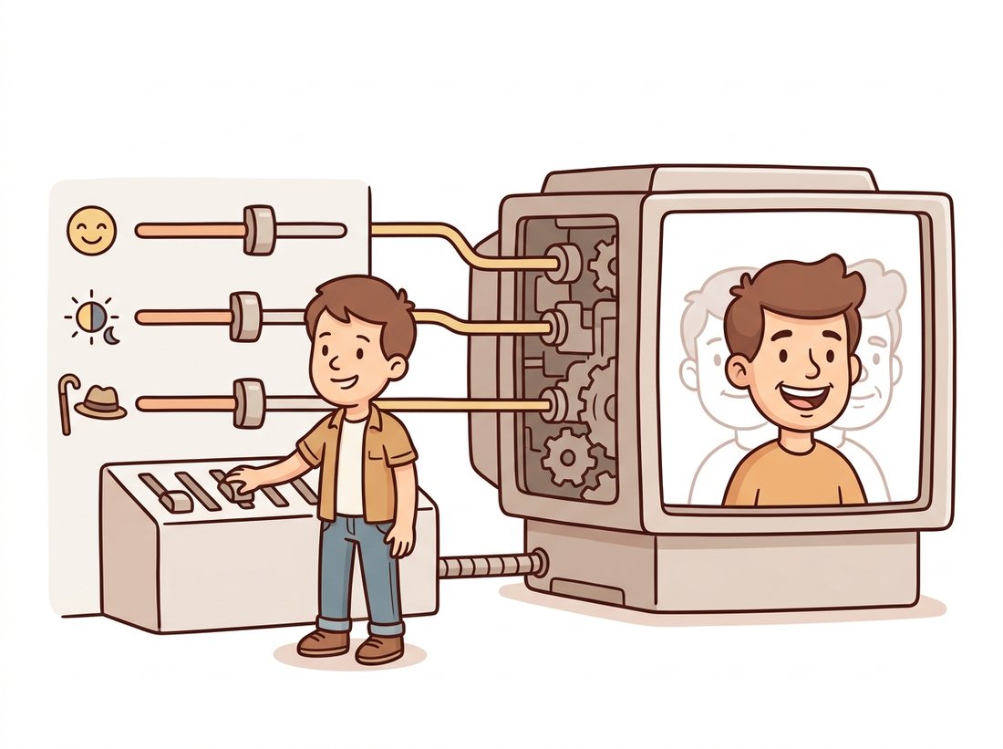 A cartoon control panel where a few icon-labeled sliders feed a bulky decoder machine that outputs a portrait; a designer nudges the smile slider and the decoded face gains a wider grin, illustrating a low-dimensional latent code, the decoder that carries the complexity, and editing an attribute by adding a direction in latent space.