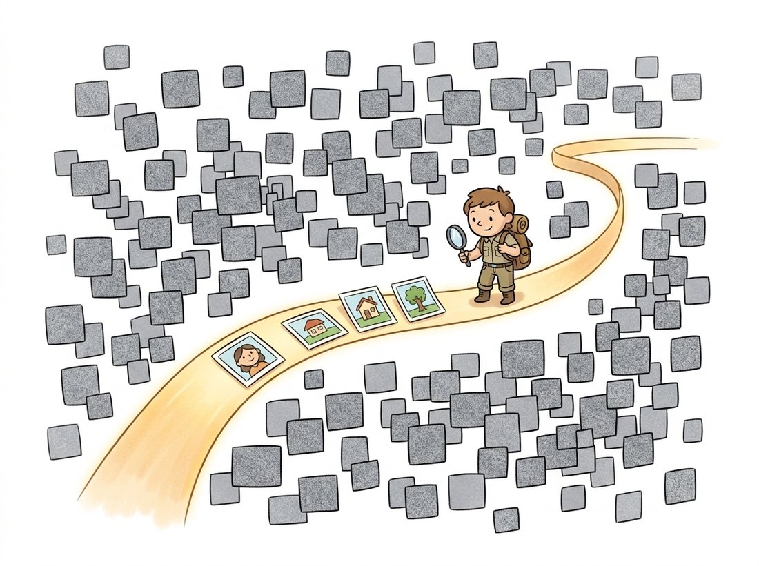 A huge room full of floating grey static squares with one thin glowing ribbon sheet curving through it; recognizable little picture-cards rest on the sheet while all the static drifts off it, illustrating the manifold hypothesis that real images concentrate on a thin low-dimensional surface inside a vast noisy pixel space.