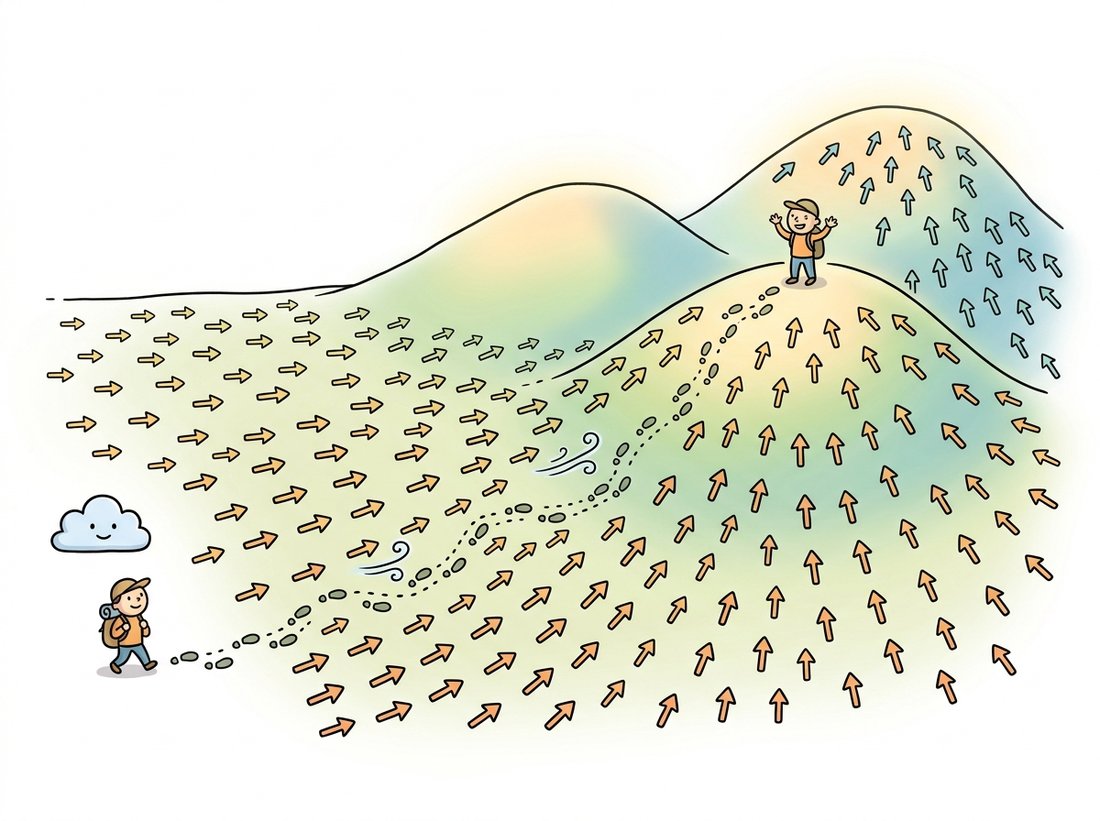 A landscape with two glowing hills and many small arrows across the plain pointing uphill toward the nearest hilltop, with a cartoon hiker following a winding dotted trail from a noisy corner while wind-puffs nudge it sideways, illustrating the score as a vector field pointing toward data and Langevin dynamics as a noisy uphill walk into a mode.