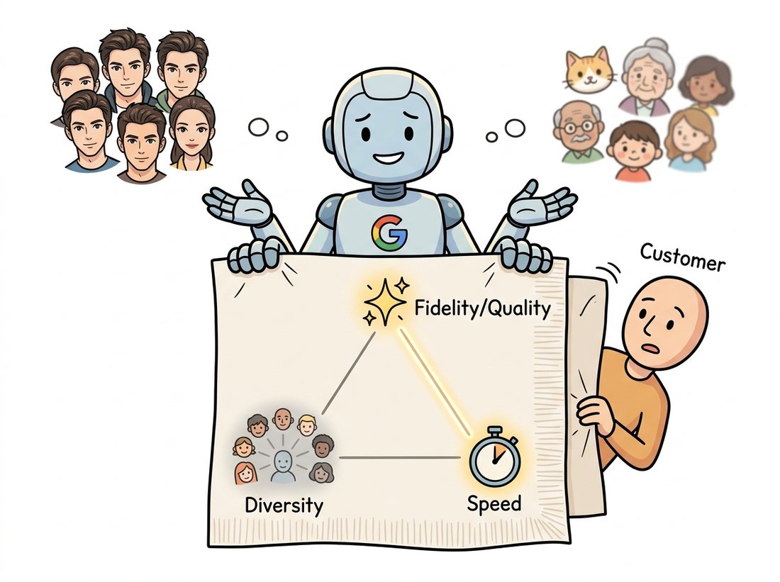 A cartoon generative model holds a napkin with a triangle whose corners are a sparkle, a fan of varied faces, and a stopwatch; only two corners glow while the third stays dim, flanked by two failure vignettes of identical crisp faces and varied blurry faces, illustrating the quality-diversity-speed trilemma where improving any two costs the third.