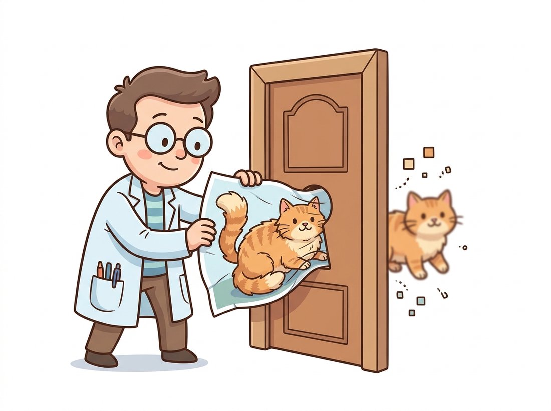 A cartoon scientist squeezes a large fluffy photo of a cat through a narrow keyhole, and a smaller slightly soft cat picture emerges on the other side while stray pixel squares drift away, mapping the autoencoder bottleneck that forces an image through a tiny code and keeps only the essence while discarding fine detail.