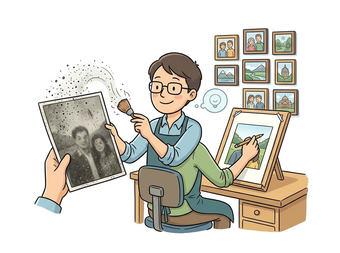 A friendly cartoon art-restorer receives a smudged grainy photograph and sketches a clean crisp version beside it, with a wall of tidy clean reference photos behind them and noise specks being brushed away, illustrating how a denoising autoencoder reconstructs a clean image from a corrupted input by having learned what clean data looks like.
