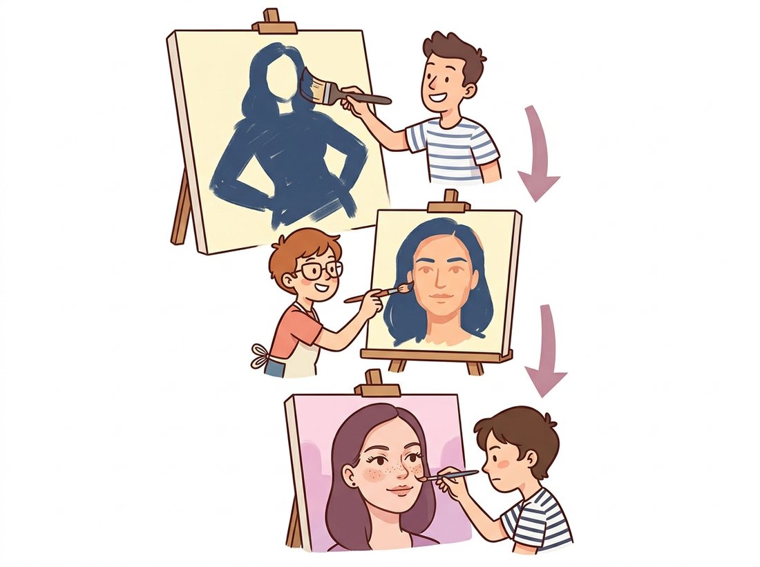A cartoon painting studio with three stacked specialist characters refining one portrait coarse to fine, the top blocking out the silhouette and pose, the middle framing facial structure, and the bottom delicately painting eyelashes and freckles, with downward arrows passing the work along, illustrating a hierarchical VAE where top latents set global layout and lower latents add fine detail.