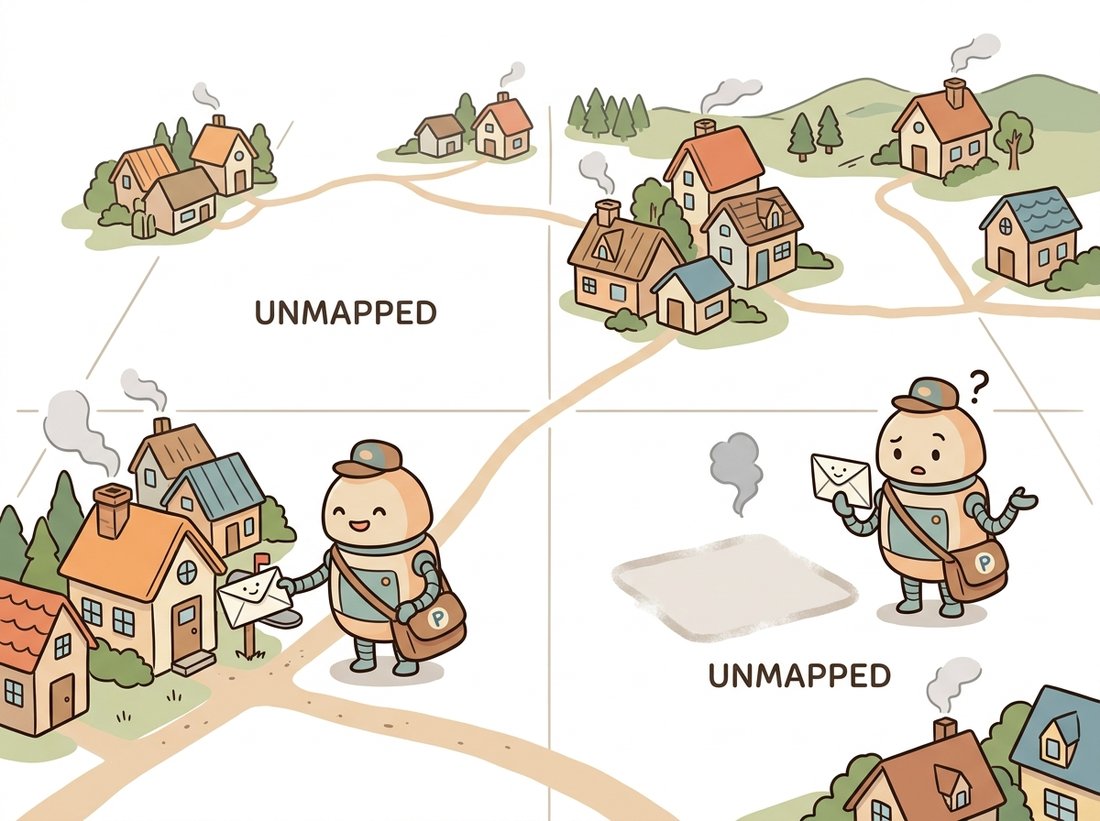 A cartoon postal-worker robot happily delivers letters to clustered houses on a sparse map but stands confused over an empty blank lot where no house exists, producing only a gray smudge, illustrating how a plain autoencoder decoder handles trained code locations well but returns garbage for random codes that fall in the empty holes of the latent space.