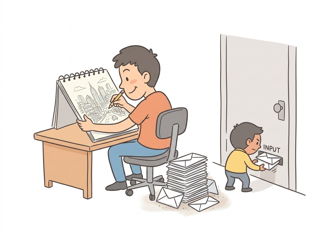 A cartoon decoder character confidently draws a picture from memory while ignoring a growing dusty pile of unopened envelopes that a small encoder character keeps sliding under the door, illustrating posterior collapse where a powerful decoder reconstructs the data on its own and learns to ignore the latent code so the KL term drops to zero.