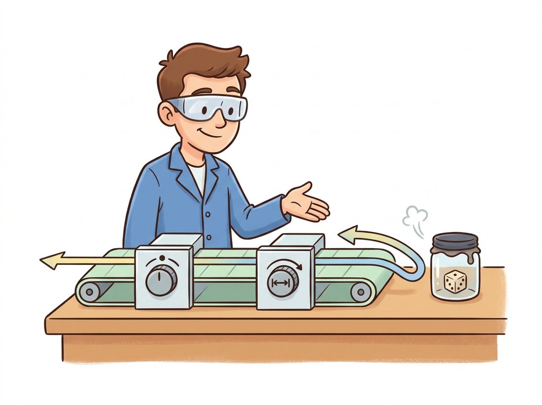 A cartoon engineer keeps a rolling die sealed in a glass jar off to the side while a backward-flowing gradient arrow passes smoothly through two adjustable dials (a center dial and a width dial) on a conveyor but bounces off the sealed jar, illustrating the reparameterization trick that isolates randomness in a fixed noise variable so gradients can flow through the mean and standard deviation into the encoder.