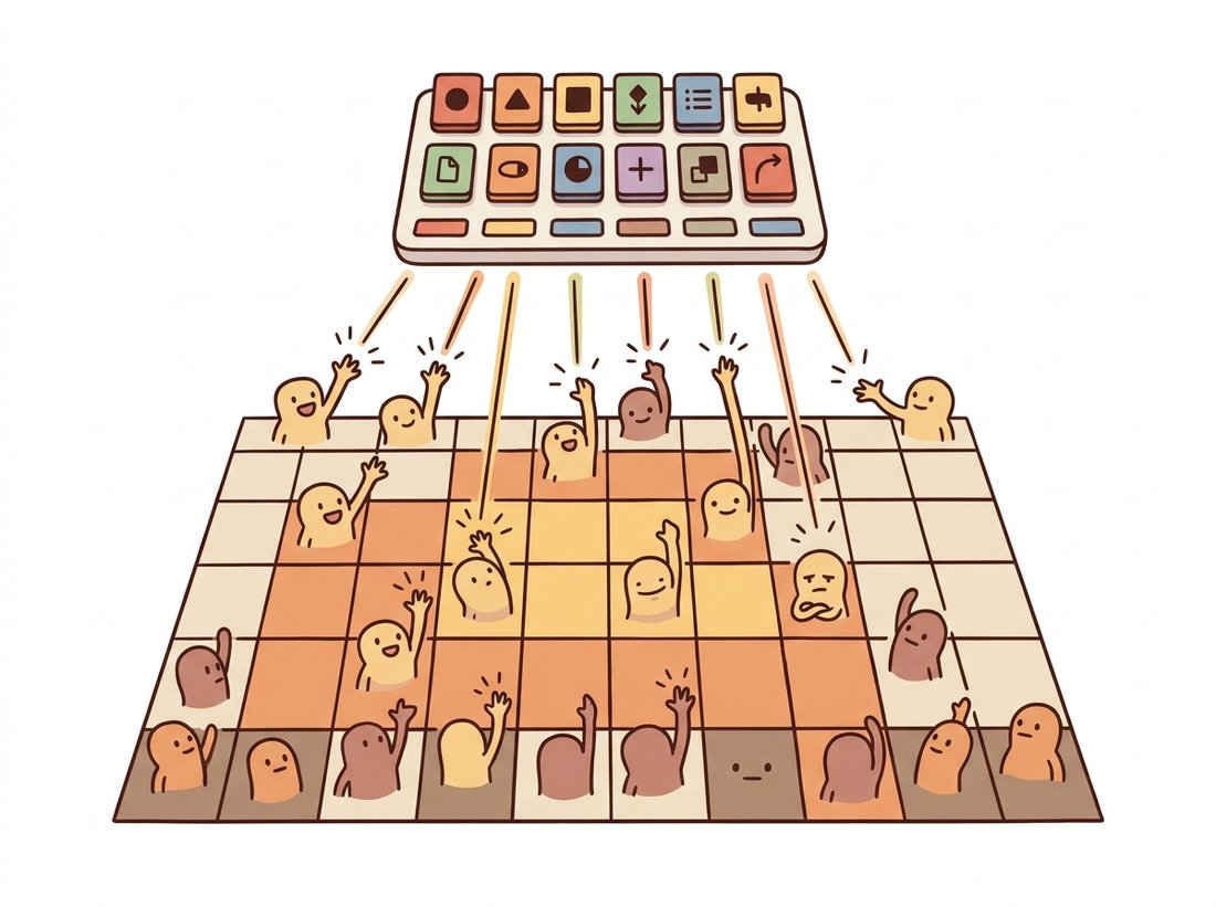 A cartoon shows an image as a coarse grid of patches, each snapping to its single nearest tile from a small floating tray of distinct colored symbols, rewriting the picture as a grid of chosen stamps, illustrating vector quantization in a VQ-VAE where every spatial location is mapped to the nearest entry in a finite learned codebook to produce a grid of discrete tokens.