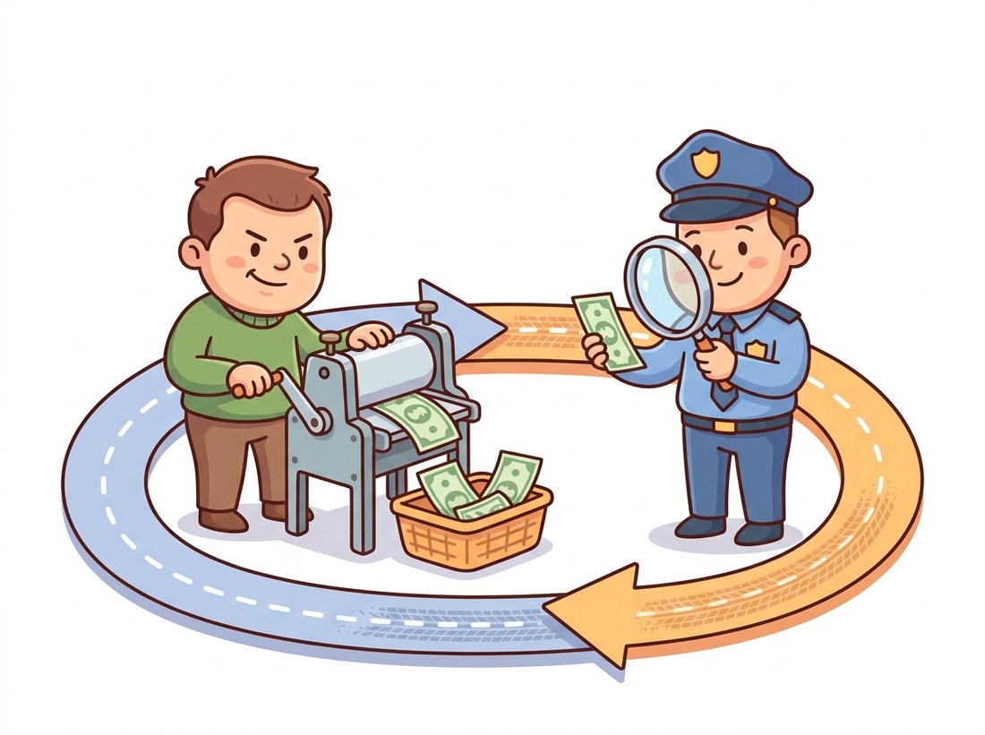 A cartoon counterfeiter at a printing press makes fake banknotes while a police officer inspects one with a magnifying glass, the two chasing each other around a looping track to show the generator and discriminator improving in response to one another.