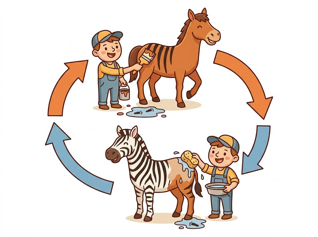 A cartoon painter adds stripes to a horse to make a zebra and then washes them off with a sponge to recover the identical horse in the same pose, illustrating CycleGAN's cycle-consistency loss that a translation you can undo and get the original back is a translation you can trust.