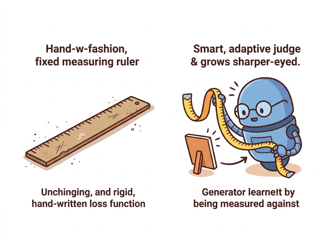 A rigid old ruler on the left contrasts with a friendly robot judge holding a flexible tape measure and squinting attentively at an image on the right, illustrating that a GAN replaces a fixed human-written loss with a second network that learns to measure realism.