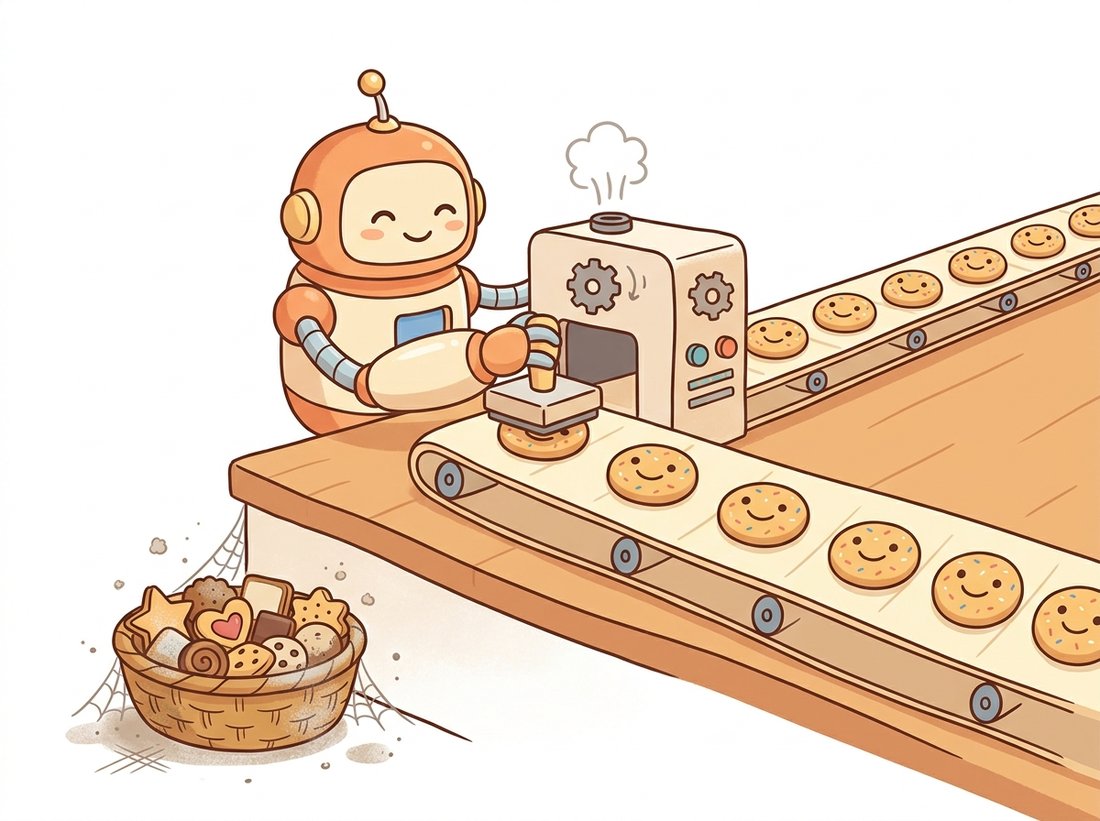 A factory robot happily stamps out an endless row of identical cookies while a basket of varied cookie shapes sits ignored in the corner, illustrating mode collapse where a GAN generator produces one safe output forever instead of covering the full diversity of the data.