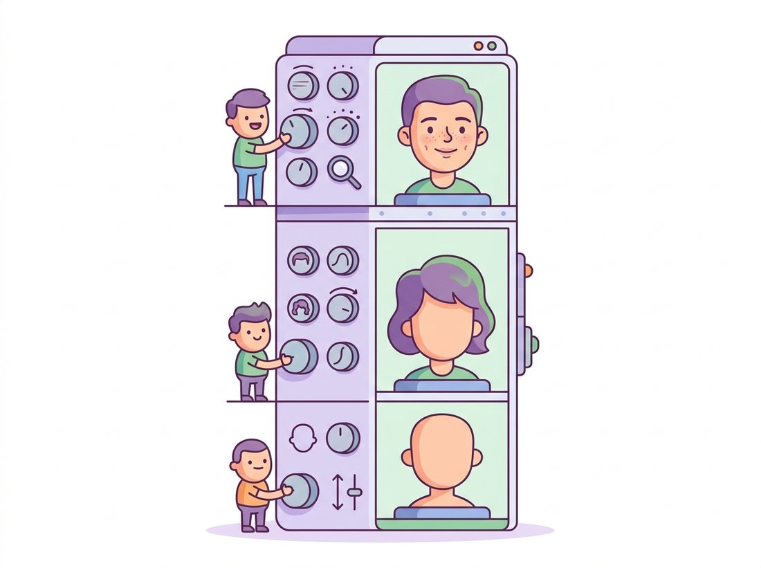 A layered tower builds a cartoon portrait floor by floor, with dials down the side where lower dials set coarse pose and head shape and upper dials set fine texture and freckles, while a style-vector character turns a knob at every level, illustrating StyleGAN injecting a style at each layer for scale-separated control.