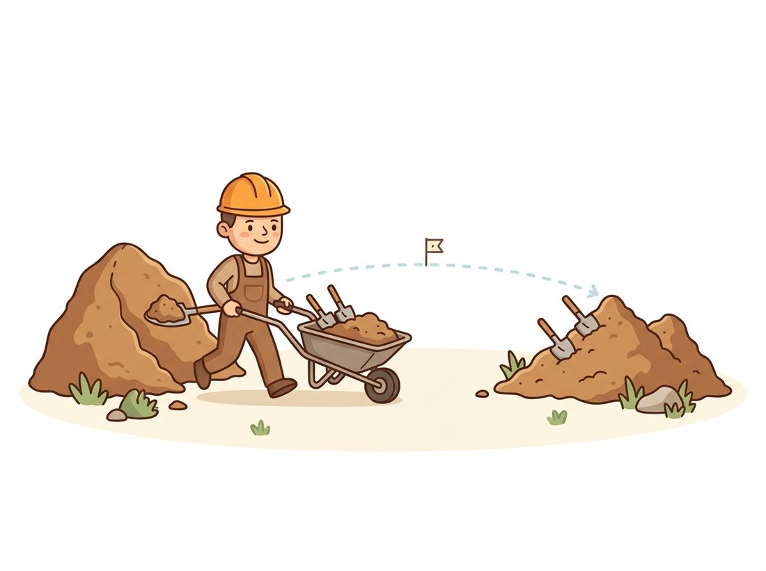 A cartoon worker uses a wheelbarrow to move dirt from one mound to reshape it into a matching second mound across a gap, illustrating the Wasserstein earth-mover distance as the cost of transporting mass from the generated distribution to the data distribution.
