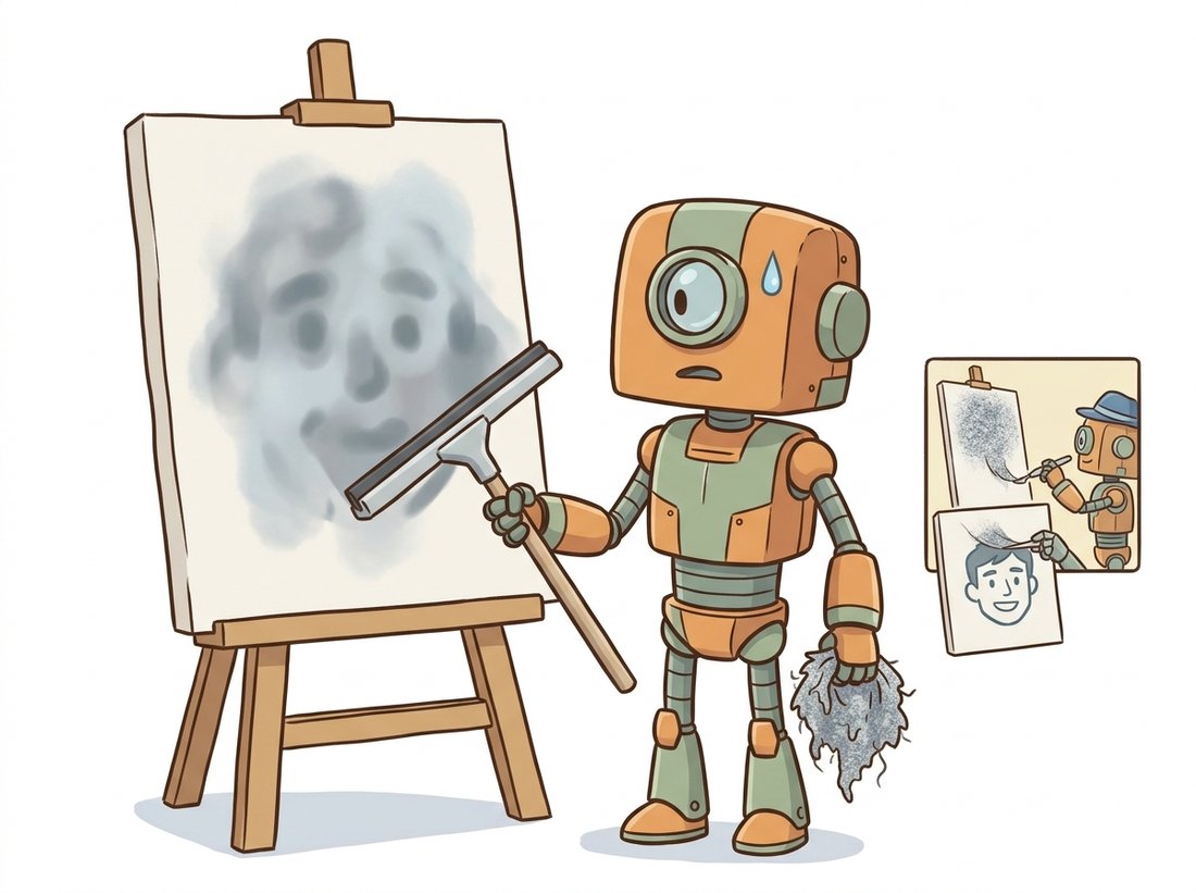 A cartoon of an overeager robot that wiped off all the predicted noise from a canvas in one big squeegee sweep and got only a blurry featureless average face, beside a small thumbnail of a calm robot peeling off just a thin calibrated sliver of noise to leave a crisp picture, illustrating the common implementation bug where subtracting the full predicted noise at once collapses samples into a blurry average instead of advancing one careful step.