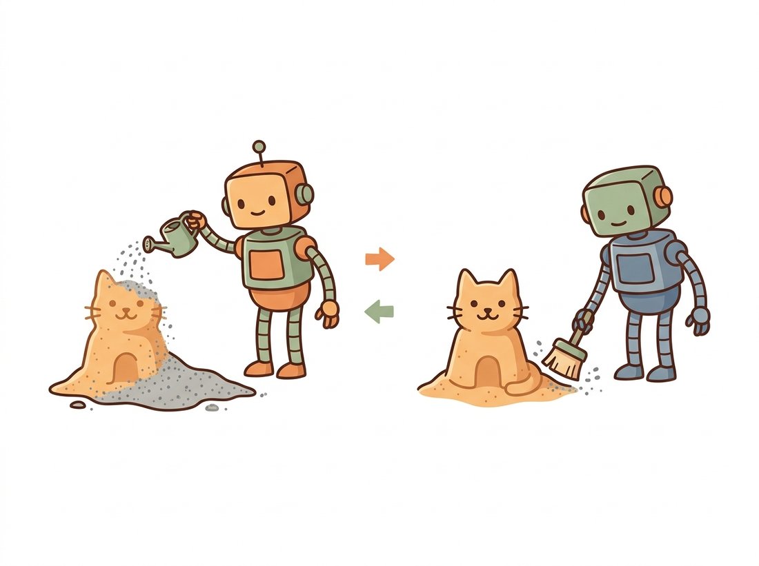 A two-panel cartoon: one friendly robot sprinkles grey static over a cat-shaped sandcastle until it dissolves into grains (the fixed forward noising process), and a mirror-image robot brushes the grains away grain by grain to rebuild the same cat castle (the learned reverse denoising process), capturing how diffusion turns generation into repeated denoising.