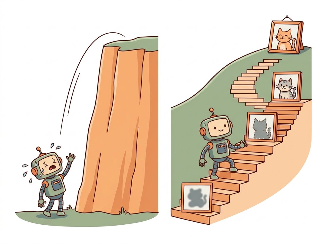 A cartoon contrasting a tired robot failing to leap up a sheer cliff in one jump with the same robot calmly climbing a gentle staircase of many small steps, where a blurry grey blob on the low steps gradually resolves into a clear cat picture near the top, showing why diffusion takes many easy denoising steps instead of one impossible leap and learns coarse structure before fine detail.
