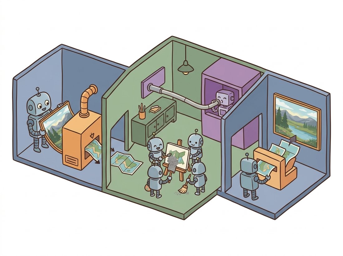A cutaway cartoon workshop in three rooms: an encoder robot squeezes a large detailed painting into a small folded map, painter robots denoise that small map step by step in a cozy middle room while a text-reader robot whispers hints through a tube (cross-attention), and a decoder robot unfolds the finished small map back into a full painting just once, illustrating the two-stage latent diffusion pipeline of Stable Diffusion that runs the costly diffusion in a compact latent space.