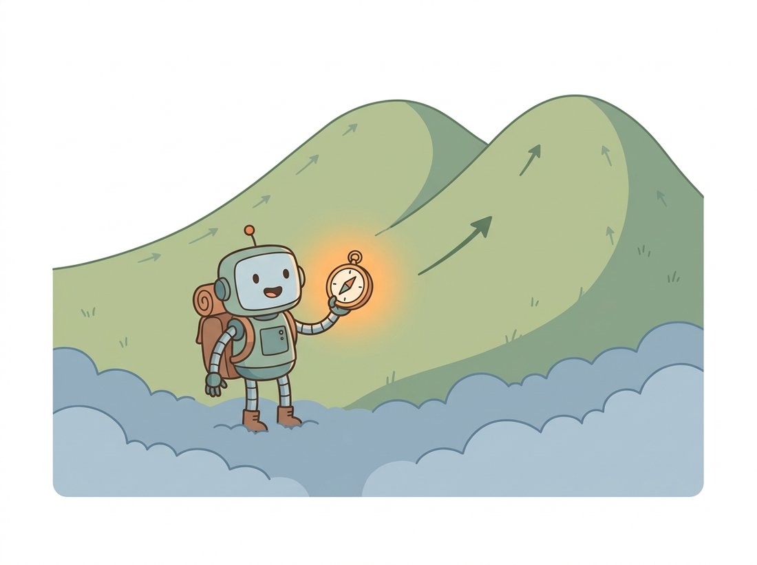 A cartoon hiker robot in light fog holds a glowing compass whose arrow always points uphill, guiding it toward the rounded summits of two hills while faint matching arrows across the slopes all point toward the peaks, illustrating the score function as the gradient of log-density that everywhere points toward the modes of the data and is the only unknown the reverse process must estimate.