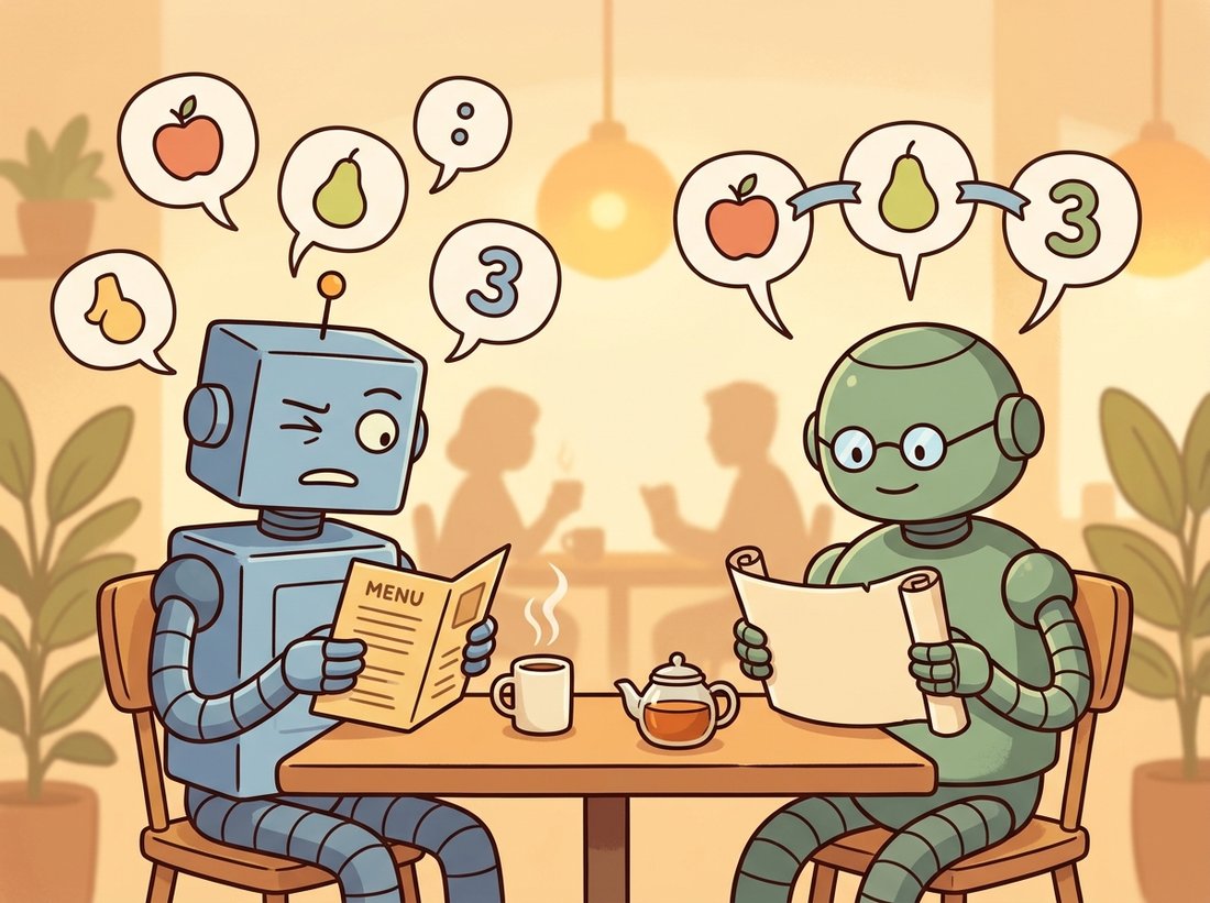 A robot reading a menu sees loose unordered concept bubbles while a robot reading a full sentence sees the same concepts neatly ordered and linked, illustrating that CLIP captures a bag of concepts while a T5 language encoder preserves grammar, counts, and word binding.