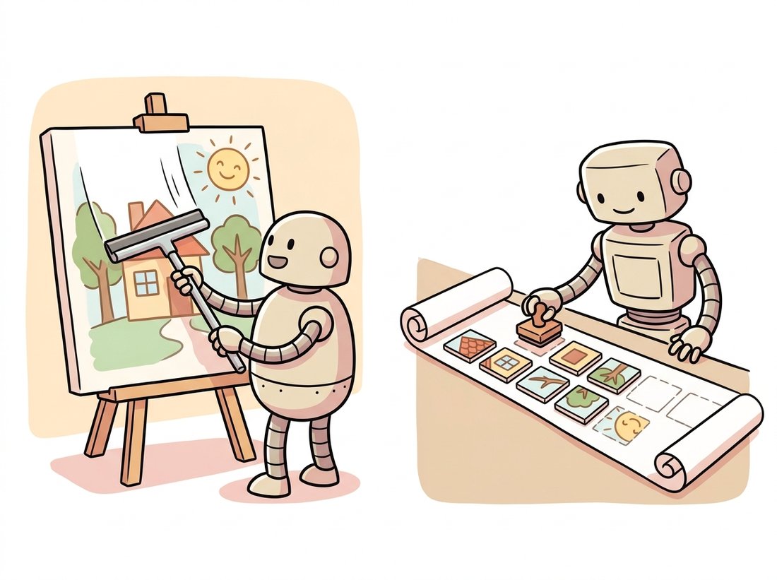 Two robots create the same image differently: one polishes an entire foggy canvas clear all at once, the other lays down small patch tiles left to right like writing a sentence, contrasting diffusion's parallel-in-space refinement with autoregressive token generation that commits one position at a time.